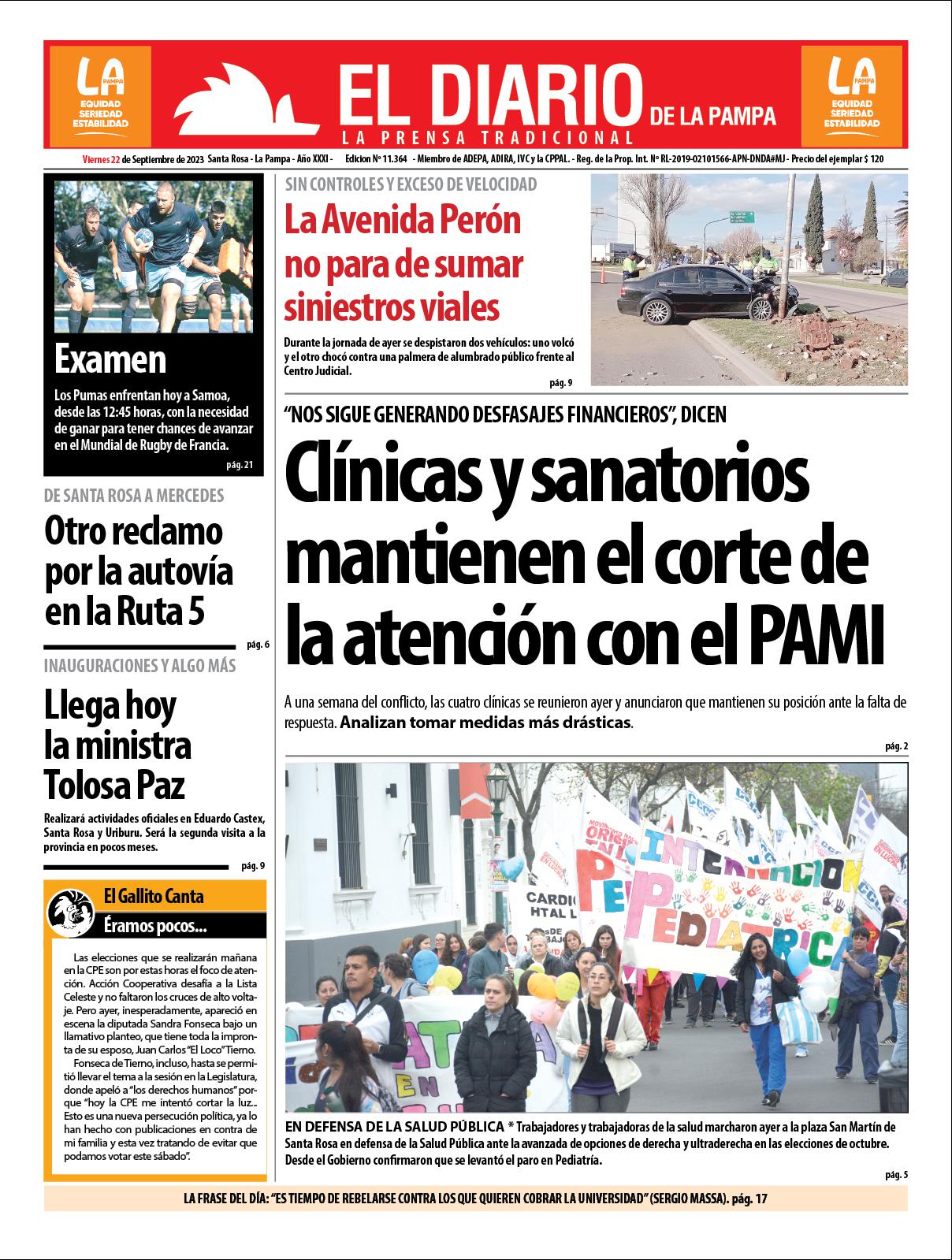 Tapa de El Diario en papel  viernes 22 de septiembre de 2023